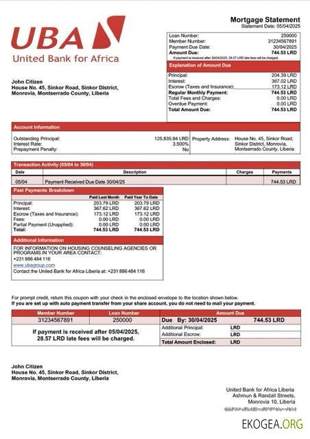 Liberia United Bank for Africa Relevé hypothécaire du Liberia Modèle Word et PDF